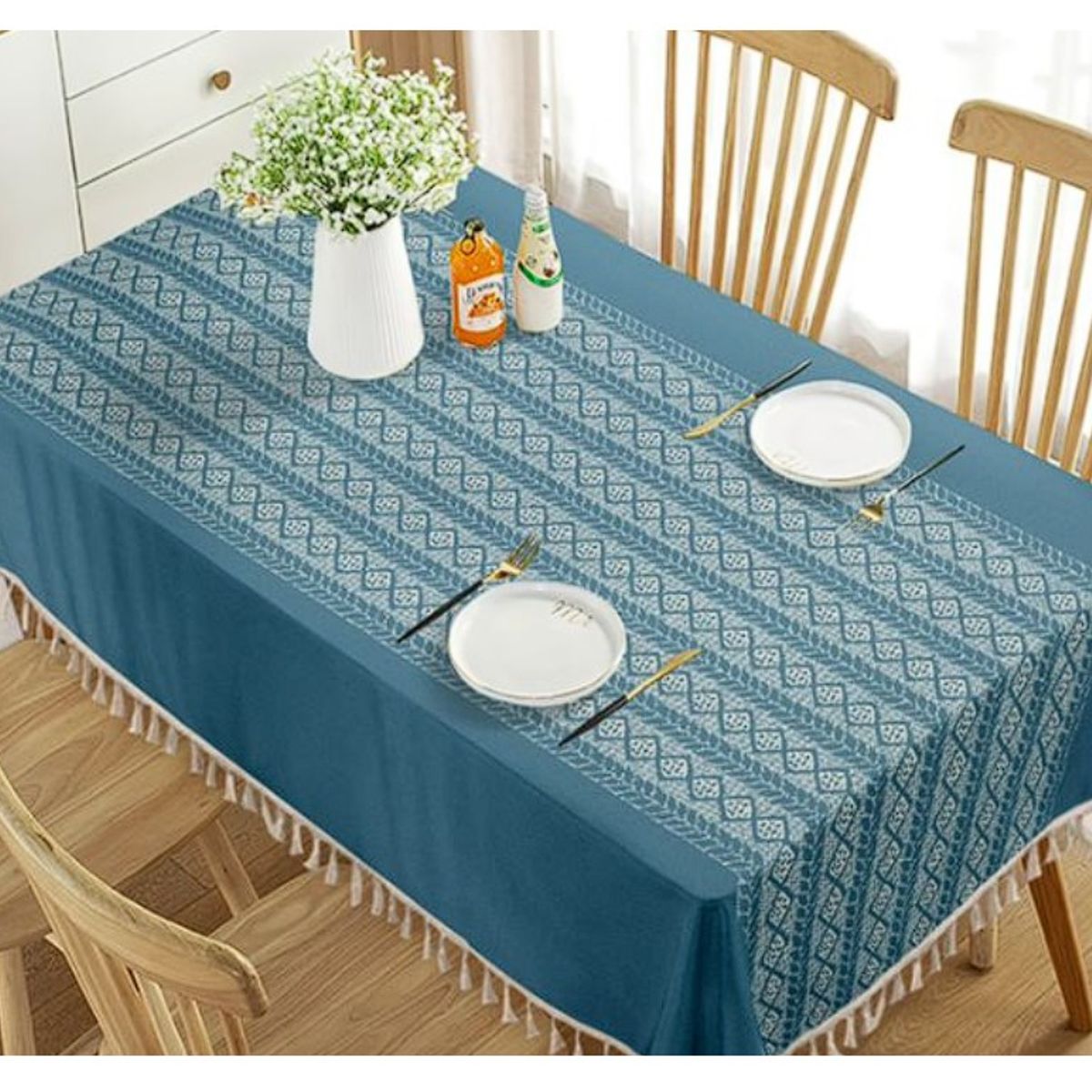 ALMA & DECO - Mantel Antimanchas Mod. Vintage Blue Flecos Bohemios 140 X 220 Cm Rect