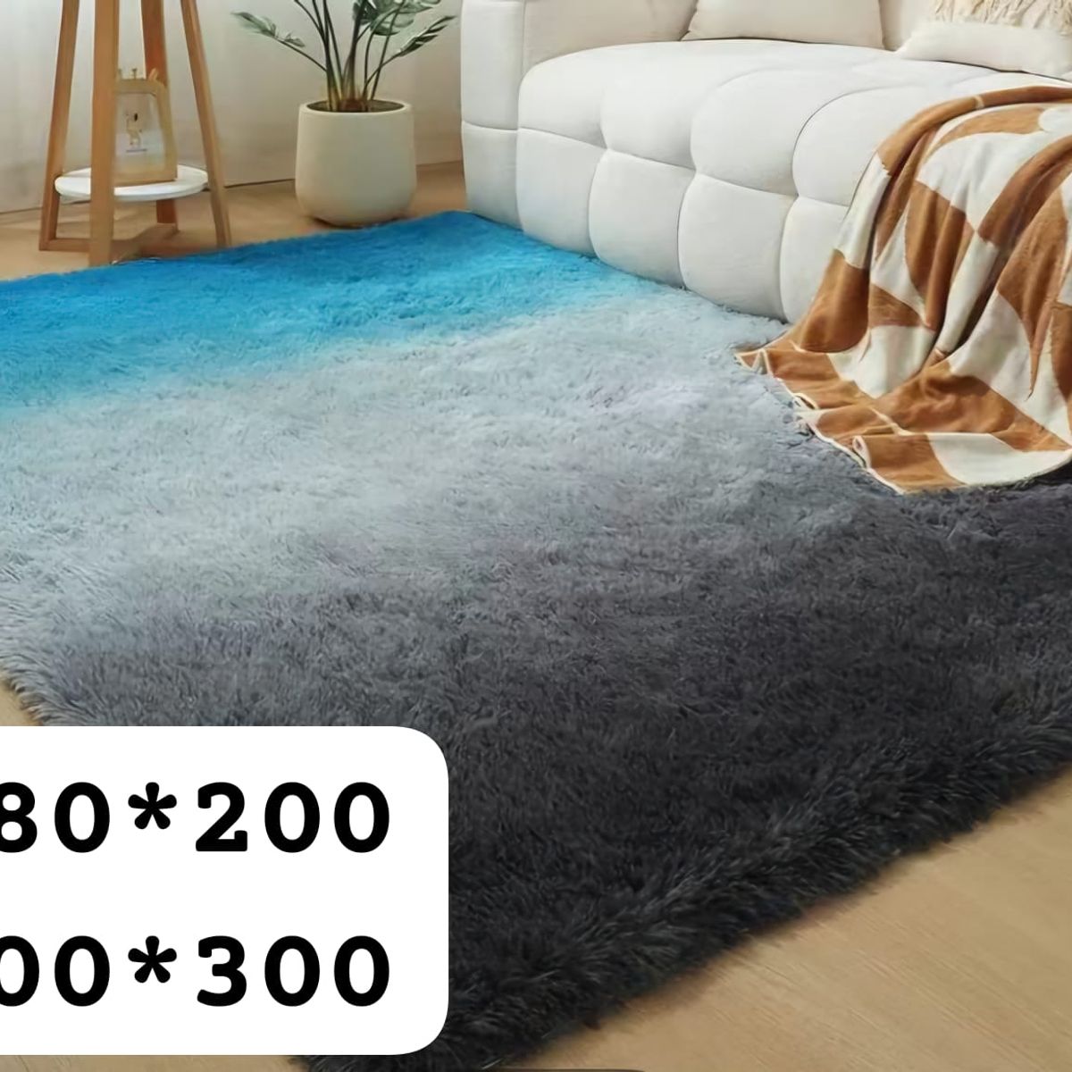 GENERICO - Alfombra peluda tipo Shaggy 180cm x 200cm Negro y Celeste Degrade