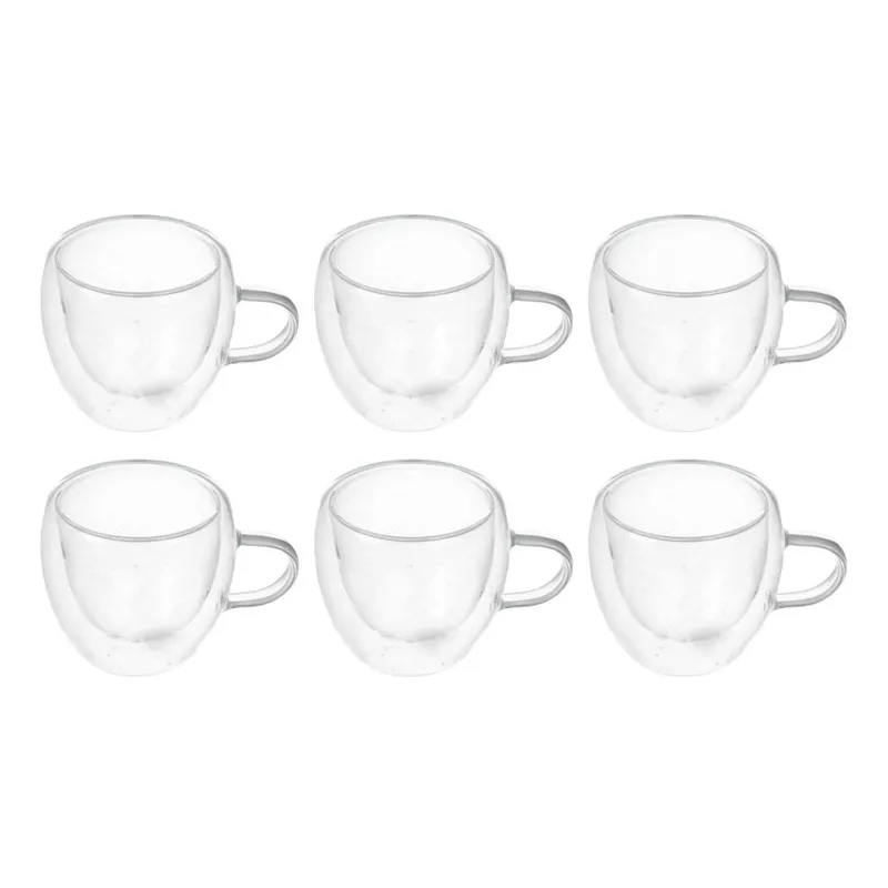 GENERICO - Pack de 6 Tazas de Vidrio Doble Pared con Asa 80ml