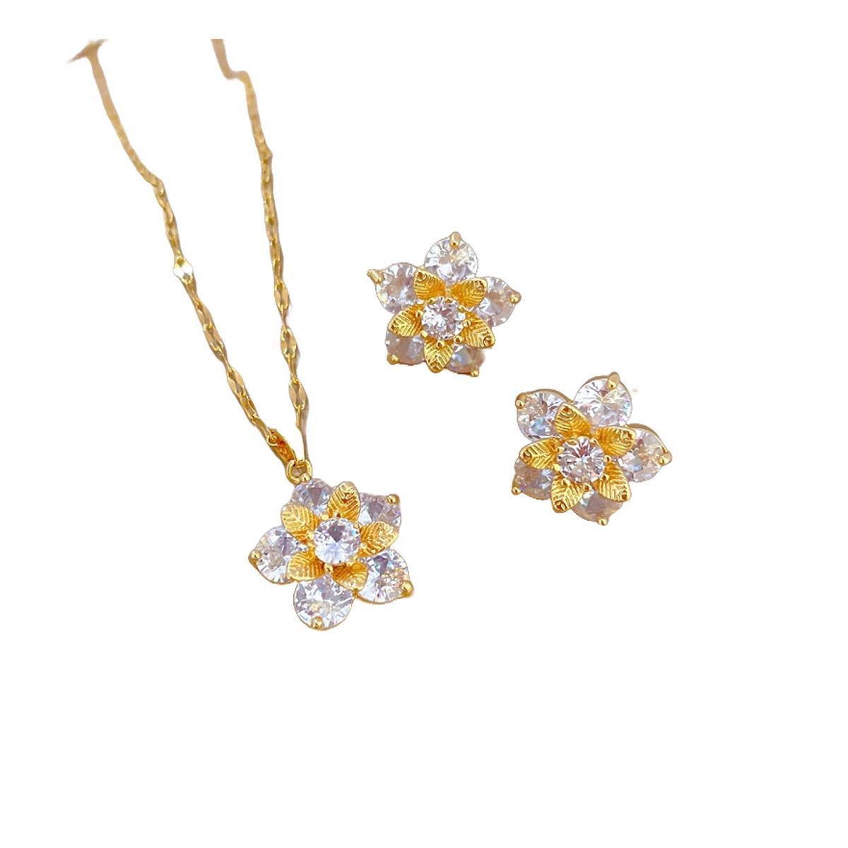 ZG JOYAS - Set Collar Aros Flor Cristal 5 Hojas Galvanizado En Oro 14k