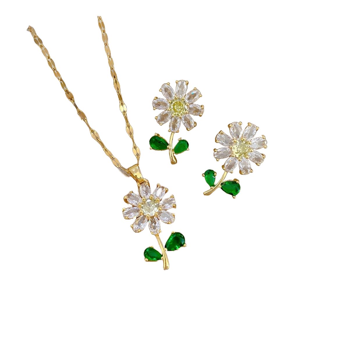 ZG JOYAS - Set Collar Aro Flor Girasol Con Hojas Galvanizado En Oro 14k