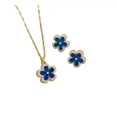ZG JOYAS - Set Collar Aros Flor Azul 5 Hojas Galvanizado En Oro 14k