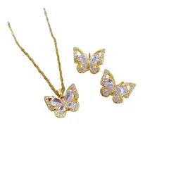 ZG JOYAS - Set Collar Aro Doble Mariposa Cristal Galvanizado En Oro 14k