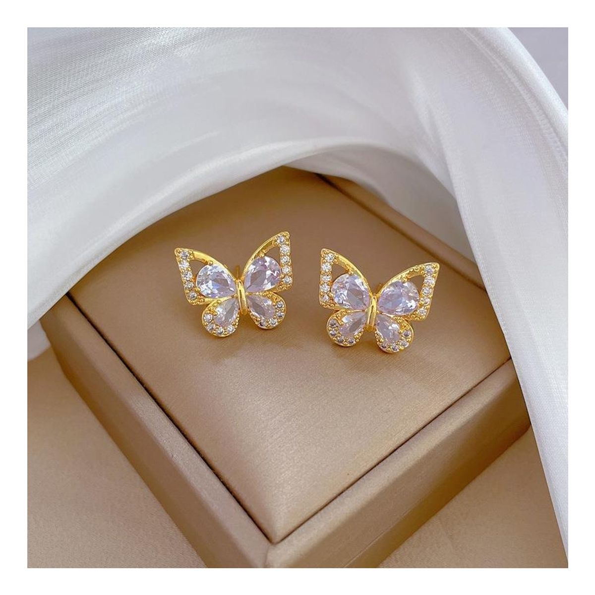 ZG JOYAS - Set Collar Aro Doble Mariposa Cristal Galvanizado En Oro 14k