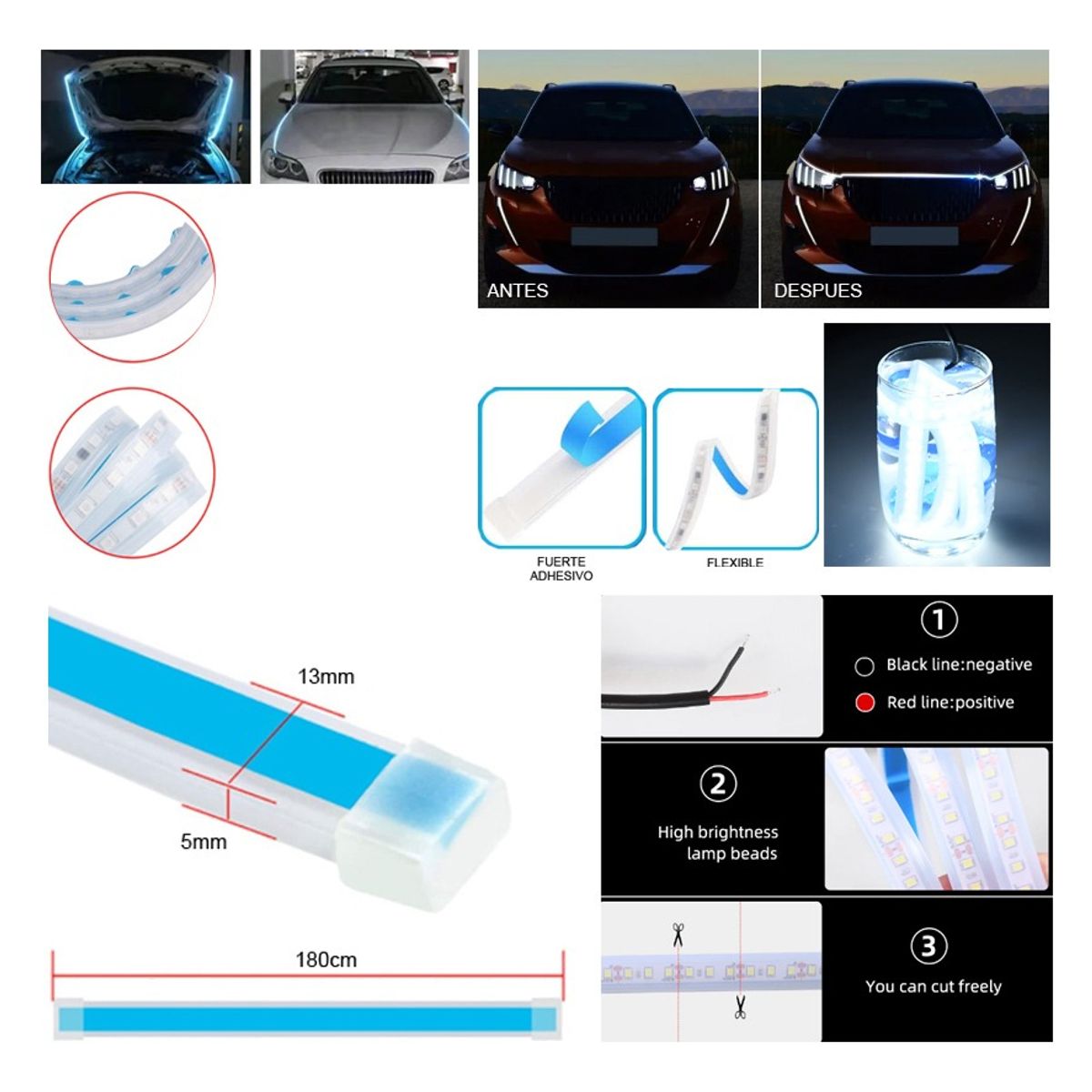 GENERICO - Tira Luz Led Para Capot Adhesiva Blanca 12v Auto Camioneta