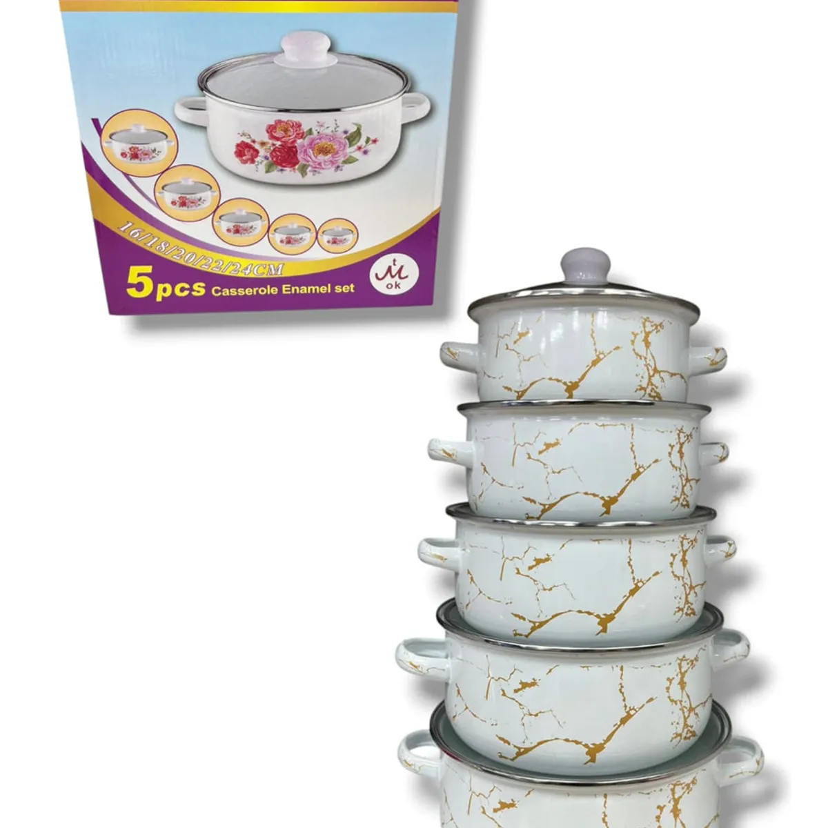 GENERICO - Set De 5 Piezas Ollas Enlozadas Con Tapas De Vidrio