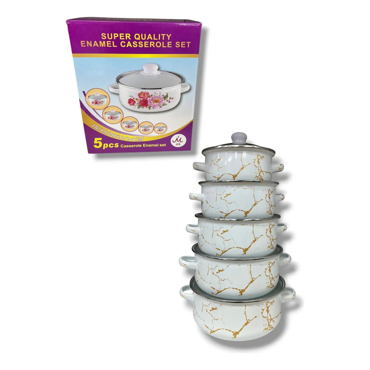 GENERICO - Set De 5 Piezas Ollas Enlozadas Con Tapas De Vidrio