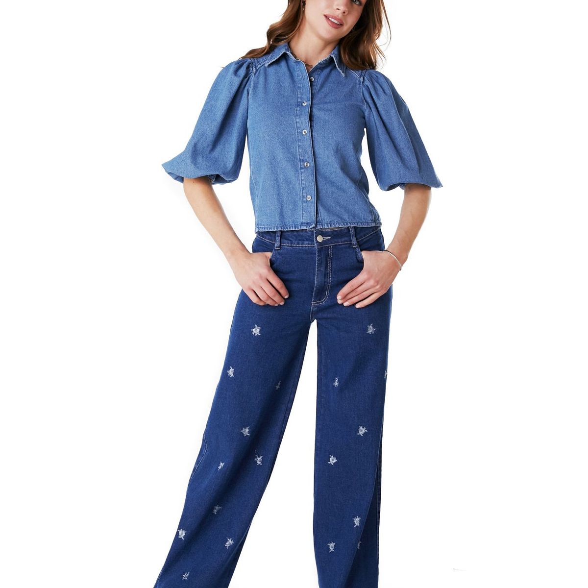 EFESIS - BLUSA KALEN REGULAR MANGA GLOBO AZUL EFESIS