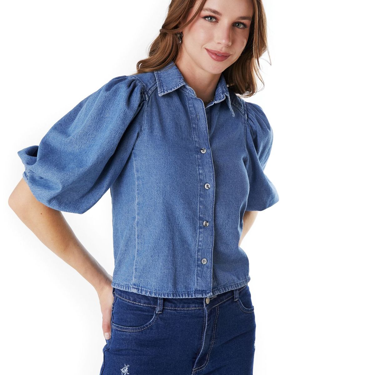 EFESIS - BLUSA KALEN REGULAR MANGA GLOBO AZUL EFESIS