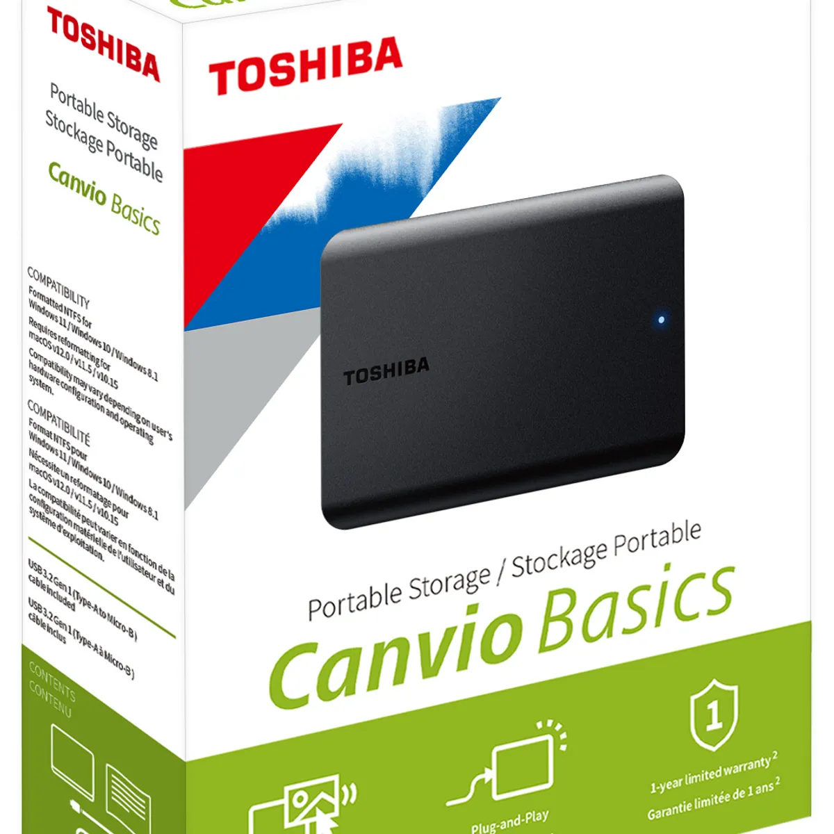 TOSHIBA - Disco Duro Portátil Toshiba Canvio Basics 1TB USB 3.0 HDTB510XK3AA