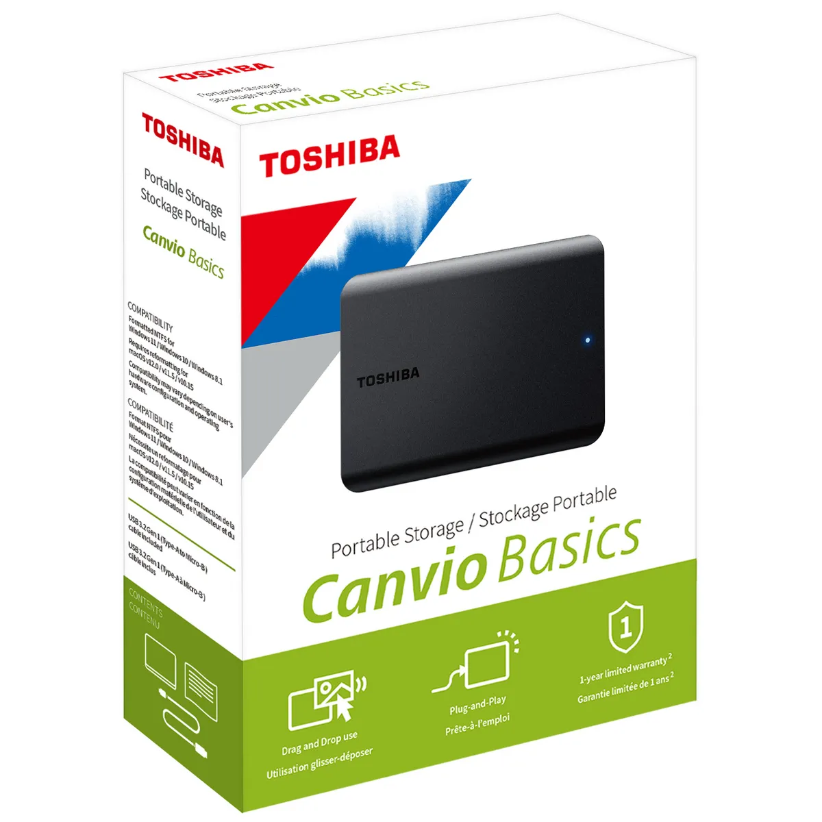 TOSHIBA - Disco Duro Portátil Toshiba Canvio Basics 1TB USB 3.0 HDTB510XK3AA