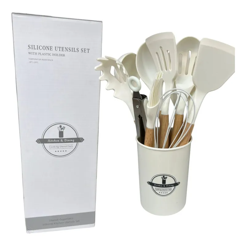 GENERICO - Set 12 Utensilios De Cocina Silicona Y Madera Antiadherentes