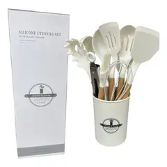 GENERICO - Set 12 Utensilios De Cocina Silicona Y Madera Antiadherentes