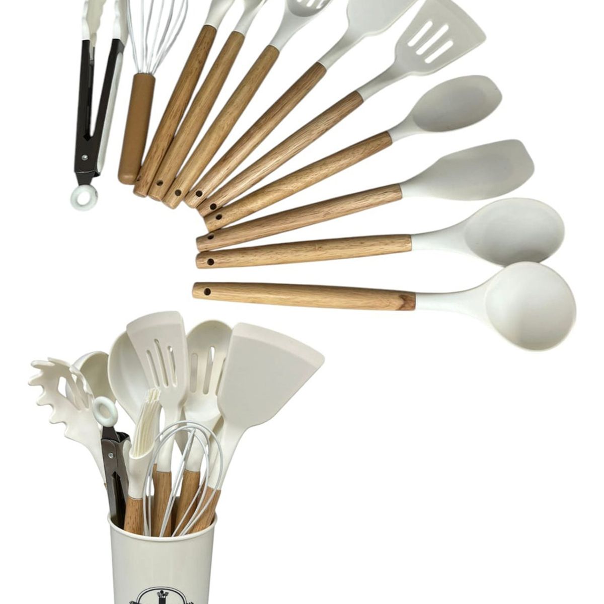 GENERICO - Set 12 Utensilios De Cocina Silicona Y Madera Antiadherentes
