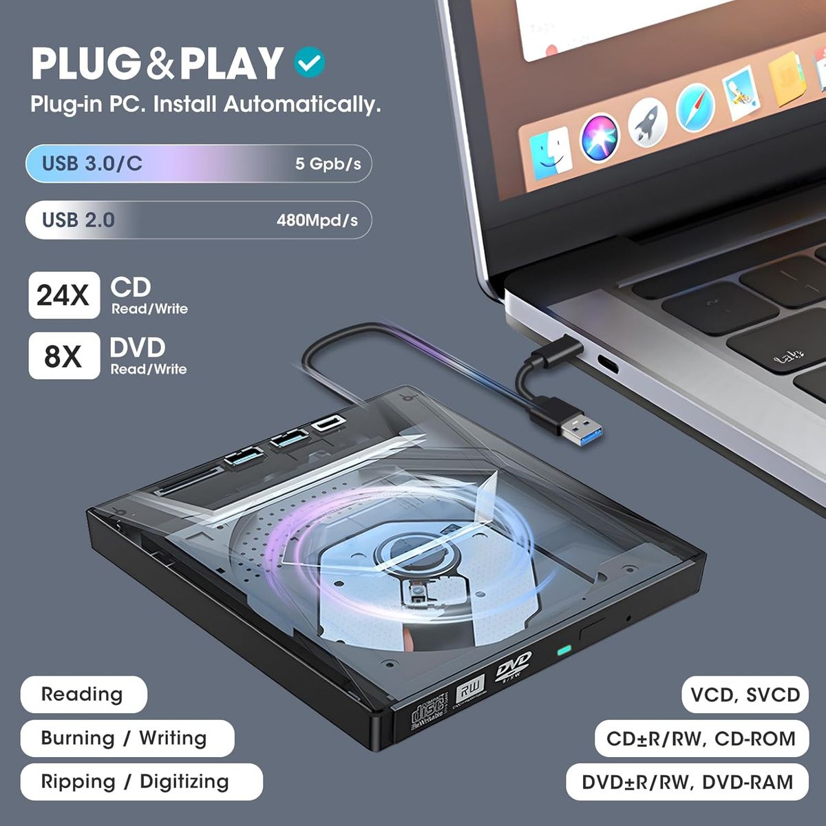 ATURE - Grabador Dvdcd Externo Lector Usb Type C Con Sdtf Puerto