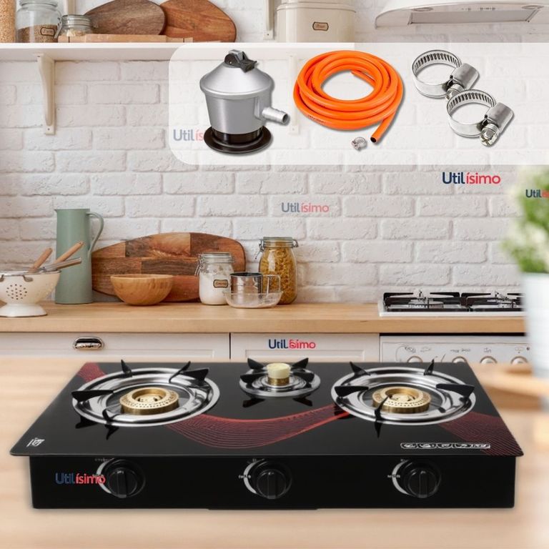 LINE Cocina Encimera a Gas Licuado Vidrio 3 Platos + KIT de Instalación