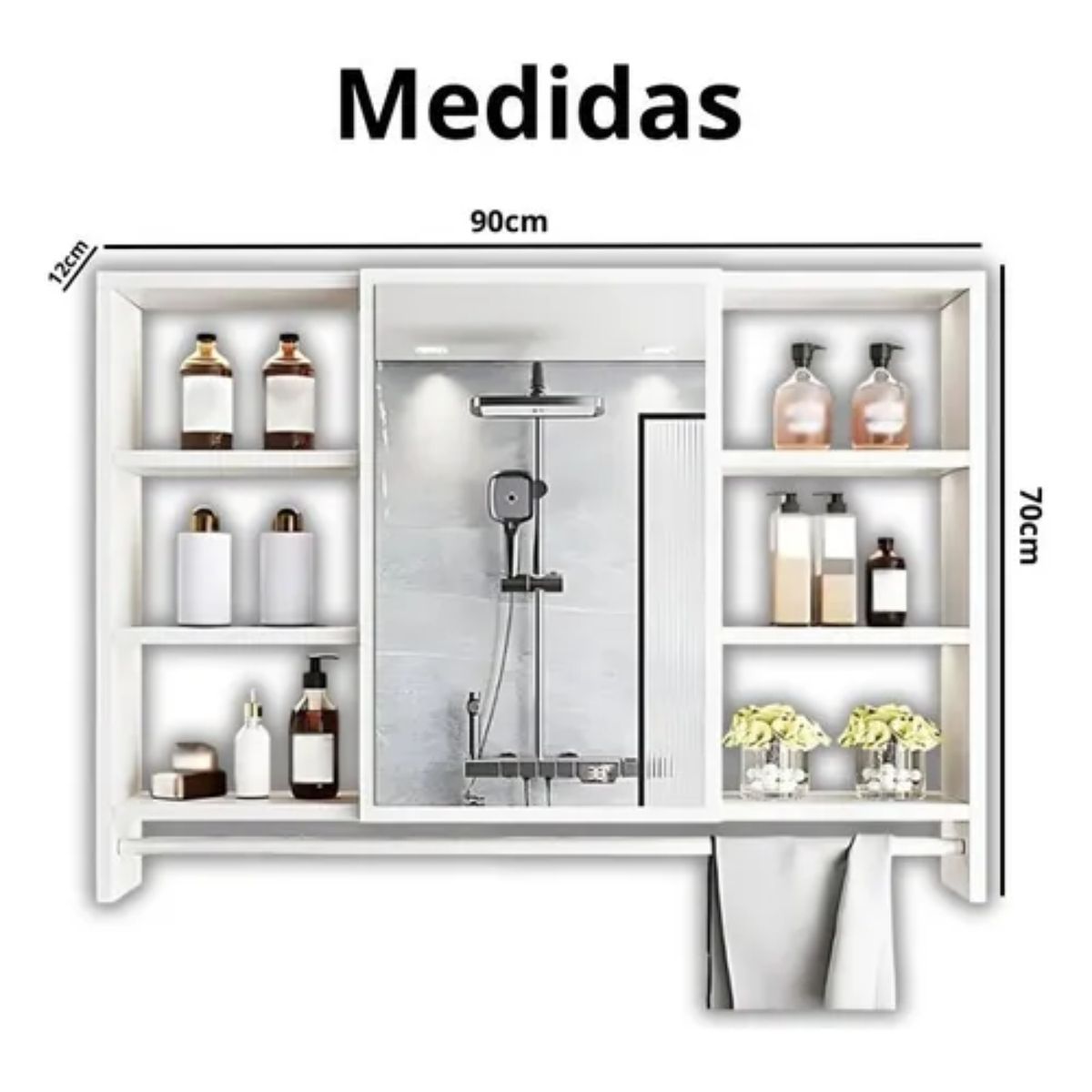 CRUSEC - Mueble Organizador De Baño 90x12x70 cm Con Espejo 6 Niveles