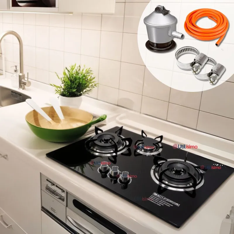 LINE - Cocina Encimera a Gas Licuado 3 platos Vidrio Templado+Kit Instalación
