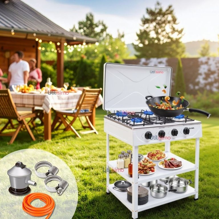 LINE Cocina Encimera a Gas Licuado 5 Platos con Mesa + Kit de Instalación Cocinilla Blanco