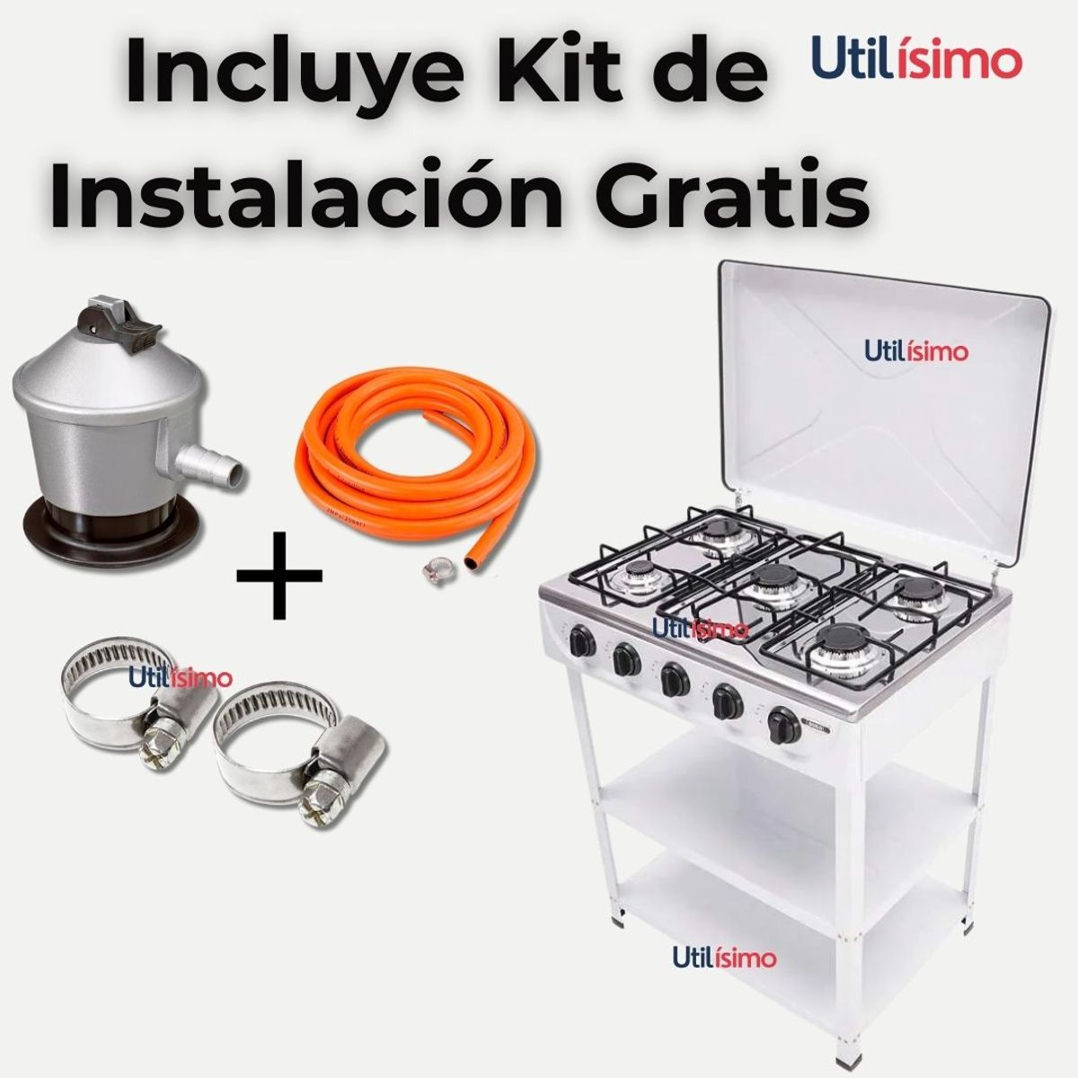 LINE - Cocina Encimera a Gas Licuado 5 Platos con Mesa + Kit de Instalación Cocinilla Blanco