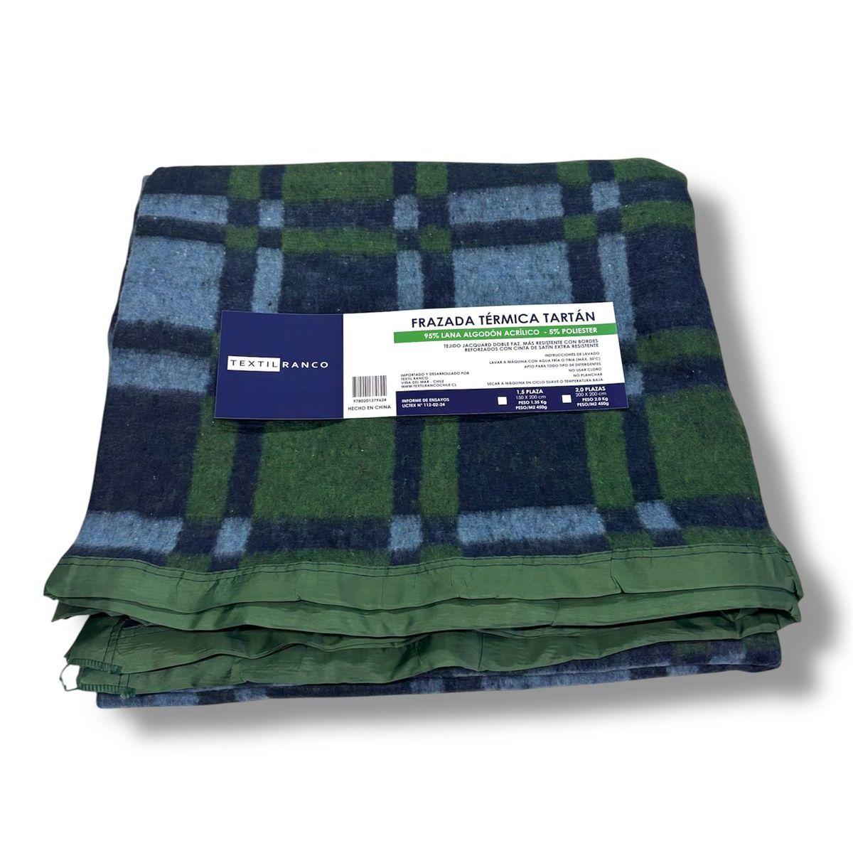 RANCO - Frazada Térmica TARTÁN VERDE 2,0 plazas BORDE SATÍN