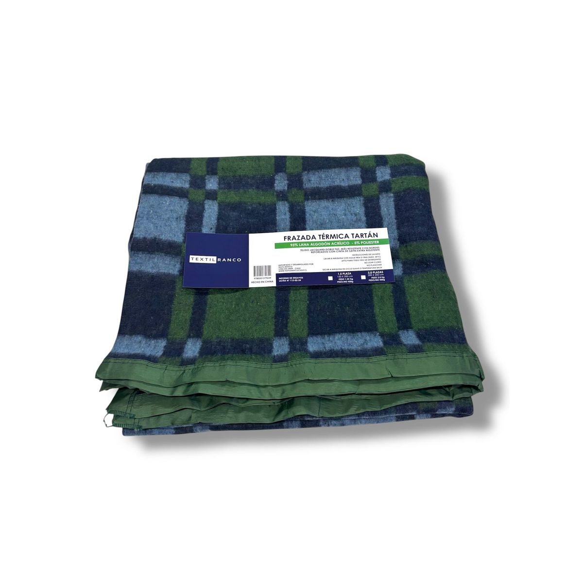 RANCO - Frazada Térmica TARTÁN VERDE 2,0 plazas BORDE SATÍN