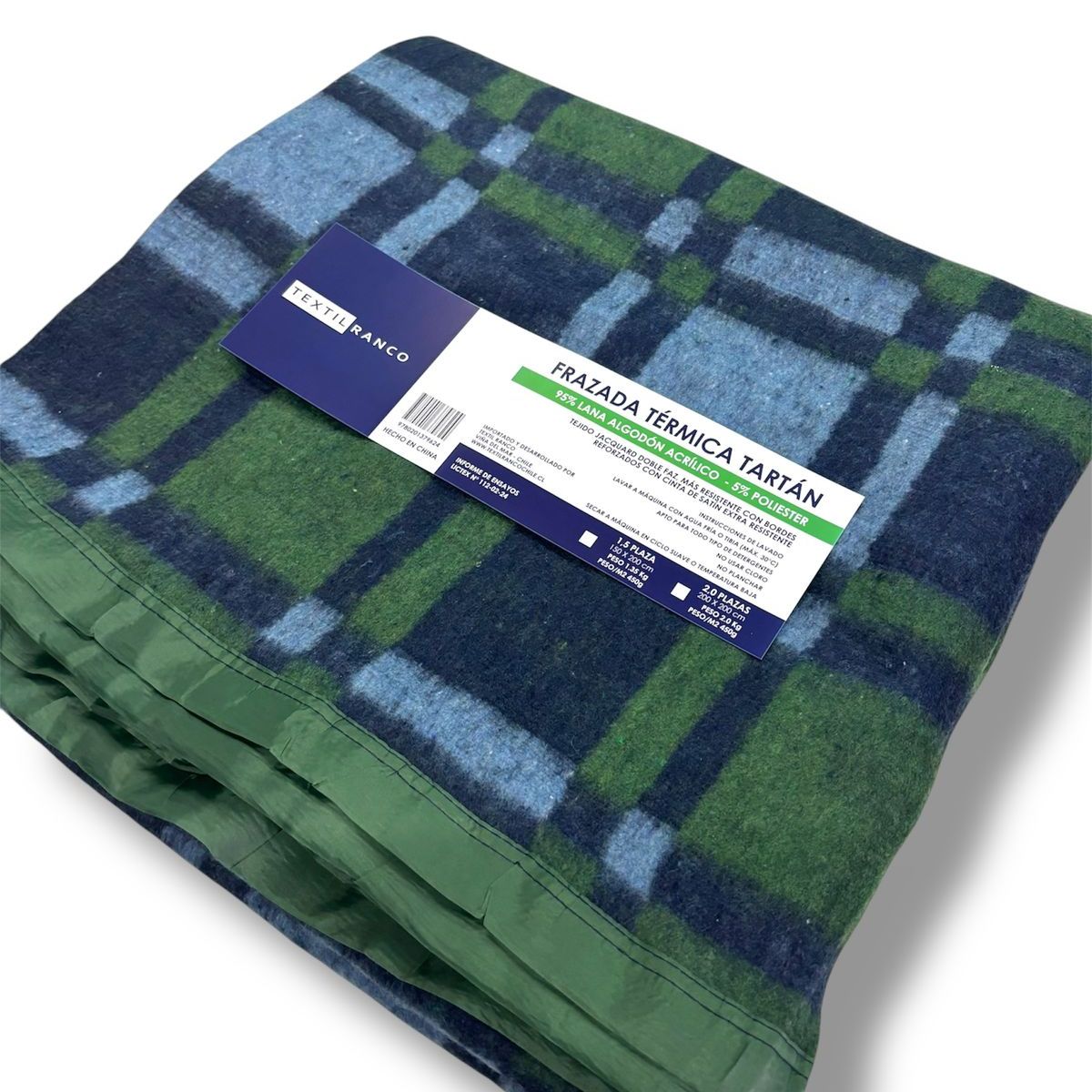 RANCO - Frazada Térmica TARTÁN VERDE 2,0 plazas BORDE SATÍN