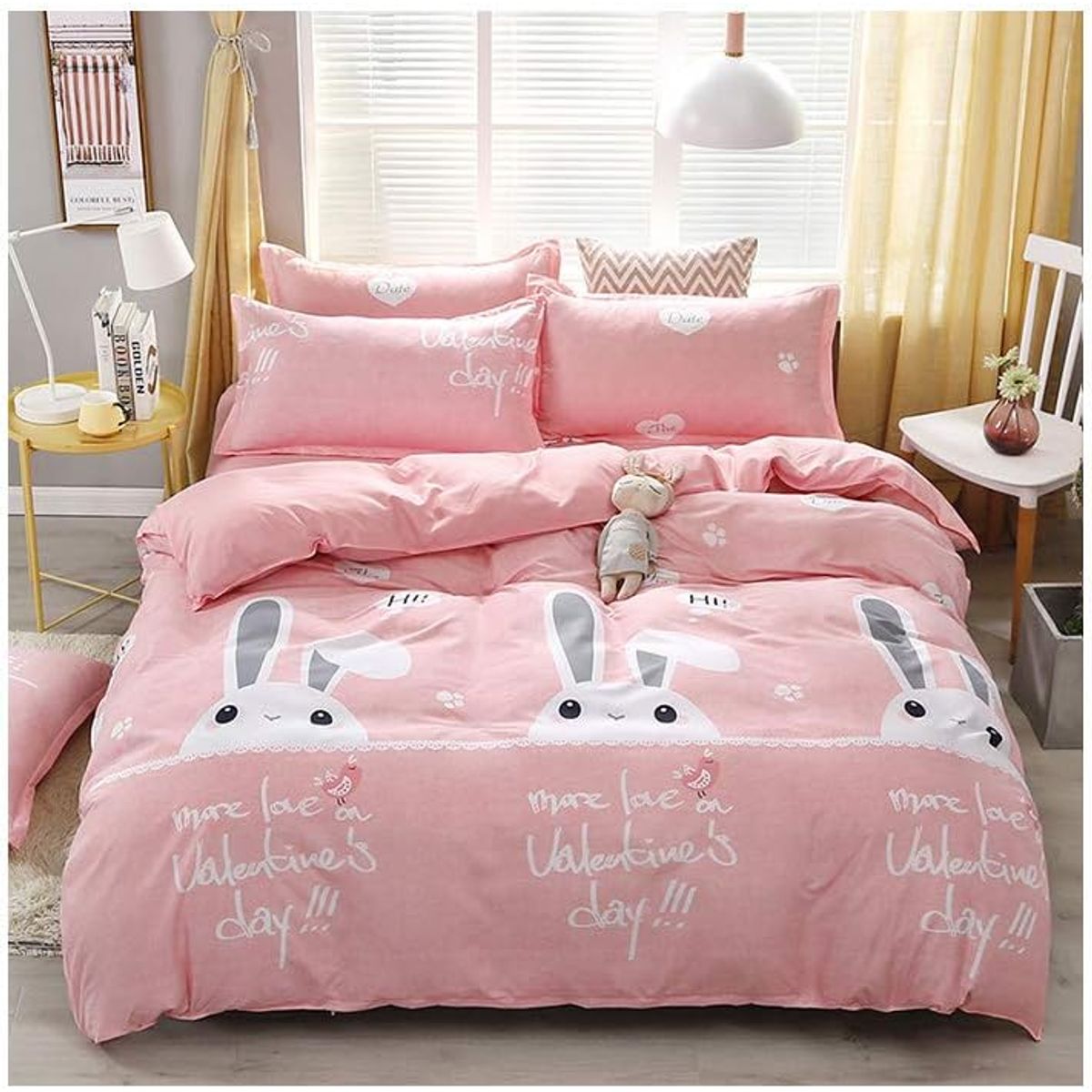 GENERICO - JUEGO DE SABANAS CON DISEÑO ROSA CONEJOS 1.5 PLAZA TF 3 PIEZA