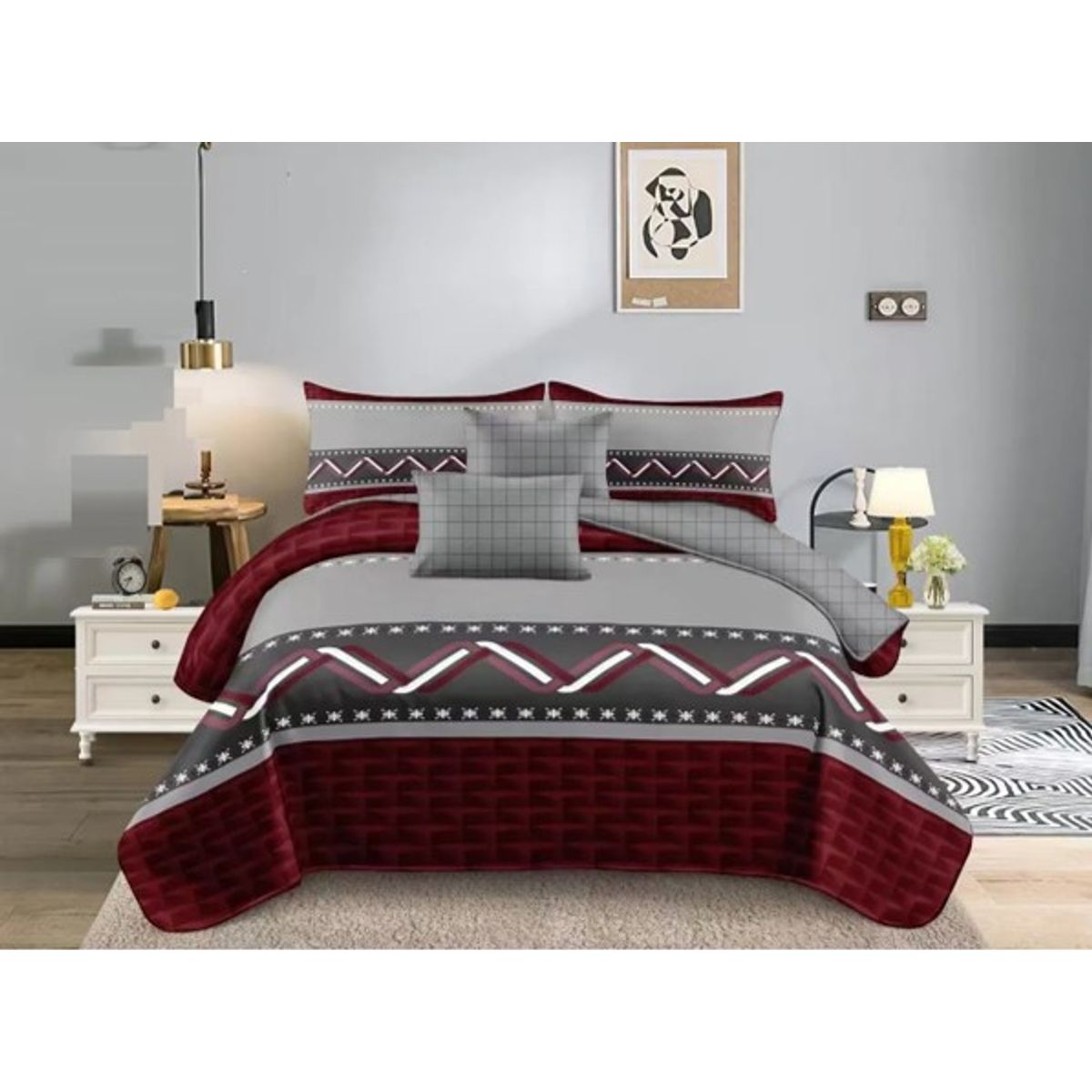 GENERICO - JUEGO DE SABANAS CON DISEÑO BURDEO Y GRIS 1.5 PLAZA TF 3 PIEZA