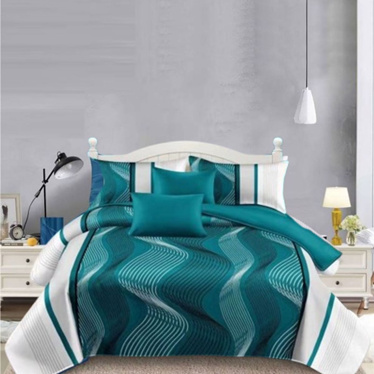 GENERICO - JUEGO DE SABANAS CON DISEÑO ONDAS TURQUESA 1.5 PLAZA TF 3 PIEZA