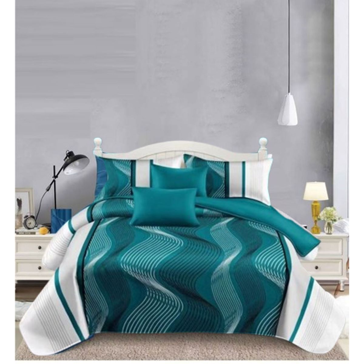 GENERICO - JUEGO DE SABANAS CON DISEÑO ONDAS TURQUESA 1.5 PLAZA TF 3 PIEZA
