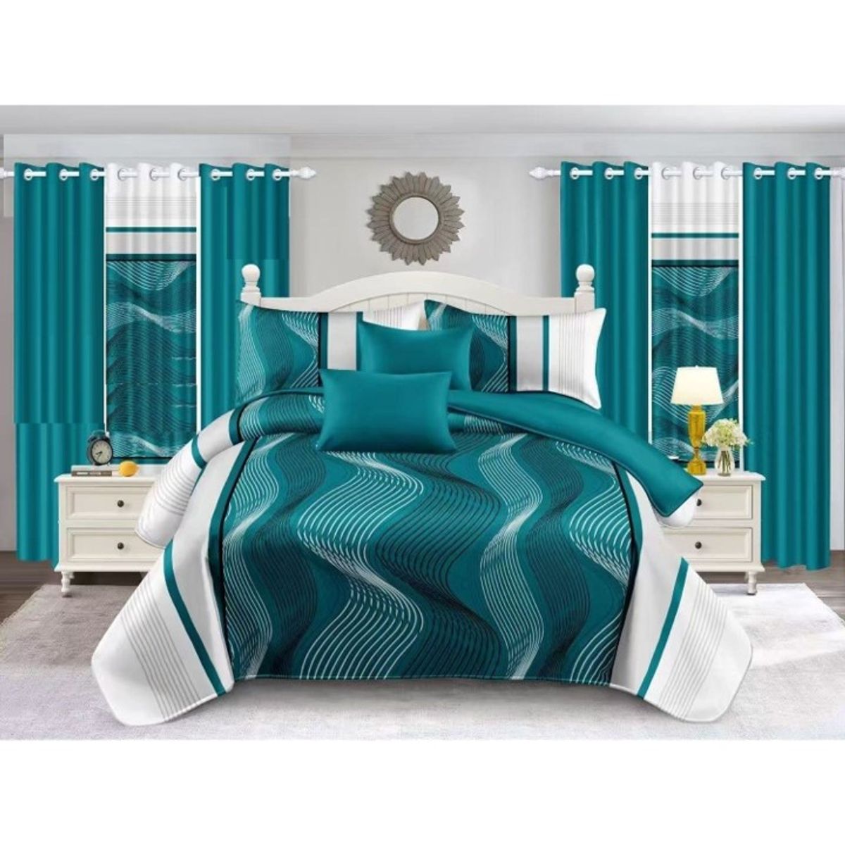 GENERICO - JUEGO DE SABANAS CON DISEÑO ONDAS TURQUESA 1.5 PLAZA TF 3 PIEZA