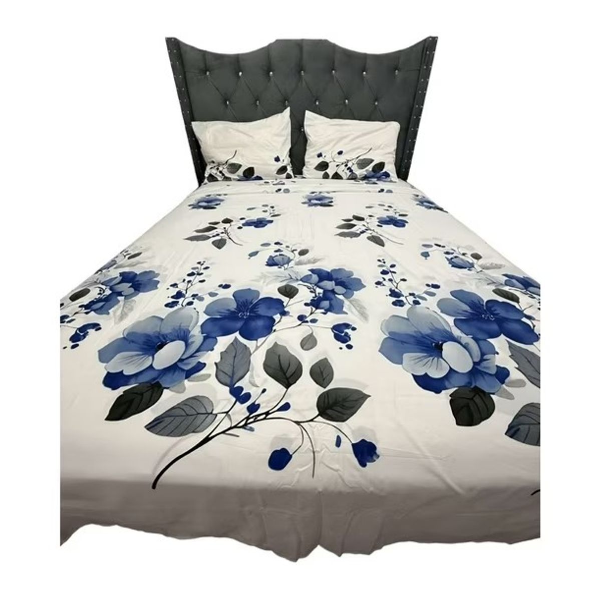 GENERICO - JUEGO DE SABANAS CON DISEÑO FLORES BLANCAS AZUL 1.5 PLAZA TF 4 PIEZA