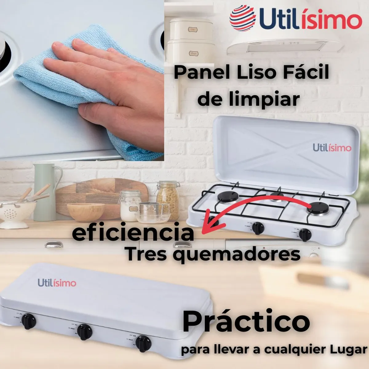 LINE - Cocina Encimera a Gas Licuado 3 Platos+KIT de instalación Cocinilla Blanco