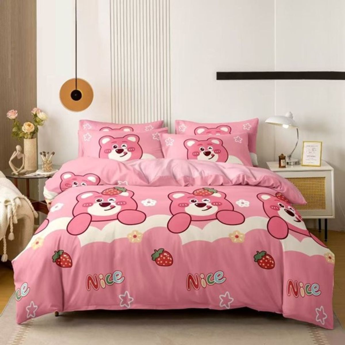 GENERICO - JUEGO DE SABANAS CON DISEÑO ROSA OSITO 1.5 PLAZA TF 3 PIEZA