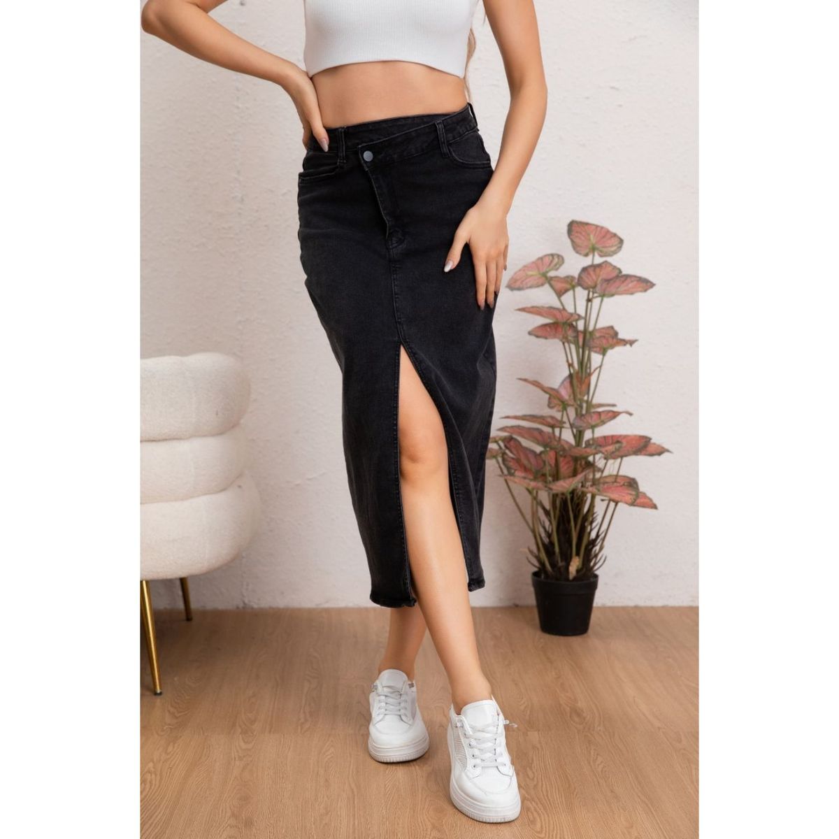 LIKE SHOP - Falda Larga Mujer Tiro Alto Jeans Full Elasticada Abertura 6005