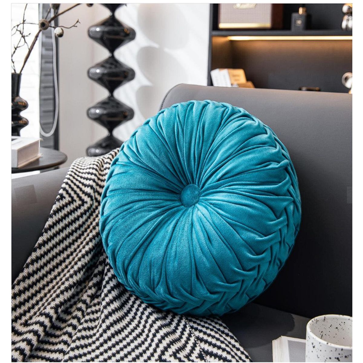 ALMA & DECO - Cojín Redondo Terciopelo Velvet Turquesa Boho Chic 35 Cm