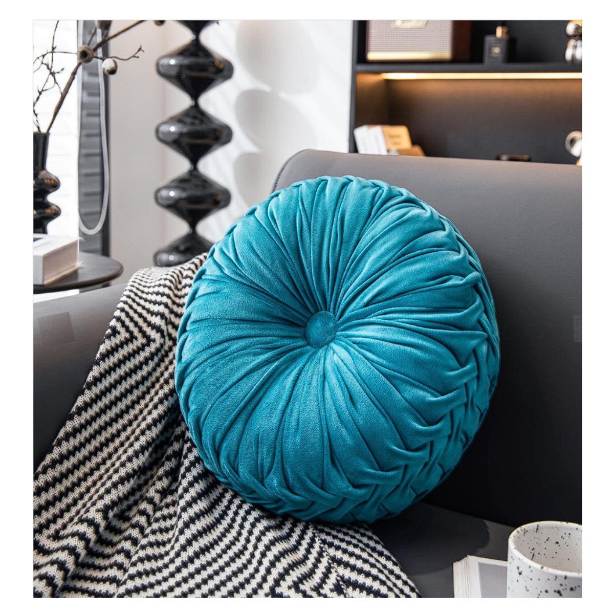 ALMA & DECO - Cojín Redondo Terciopelo Velvet Turquesa Boho Chic 35 Cm