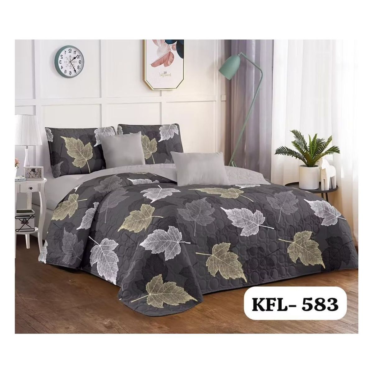 GENERICO - Cubrecama Quilt Verano 1.5 Plazas - Gris Hojas Otoñales KFL583
