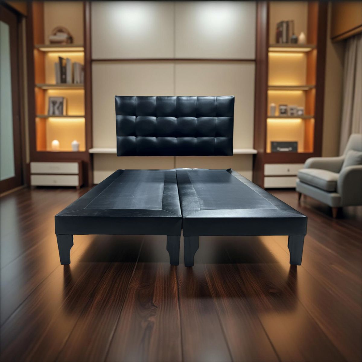 MUEBLES NEW - CAMA DOS PLAZA NEGRO ECOCUERO.