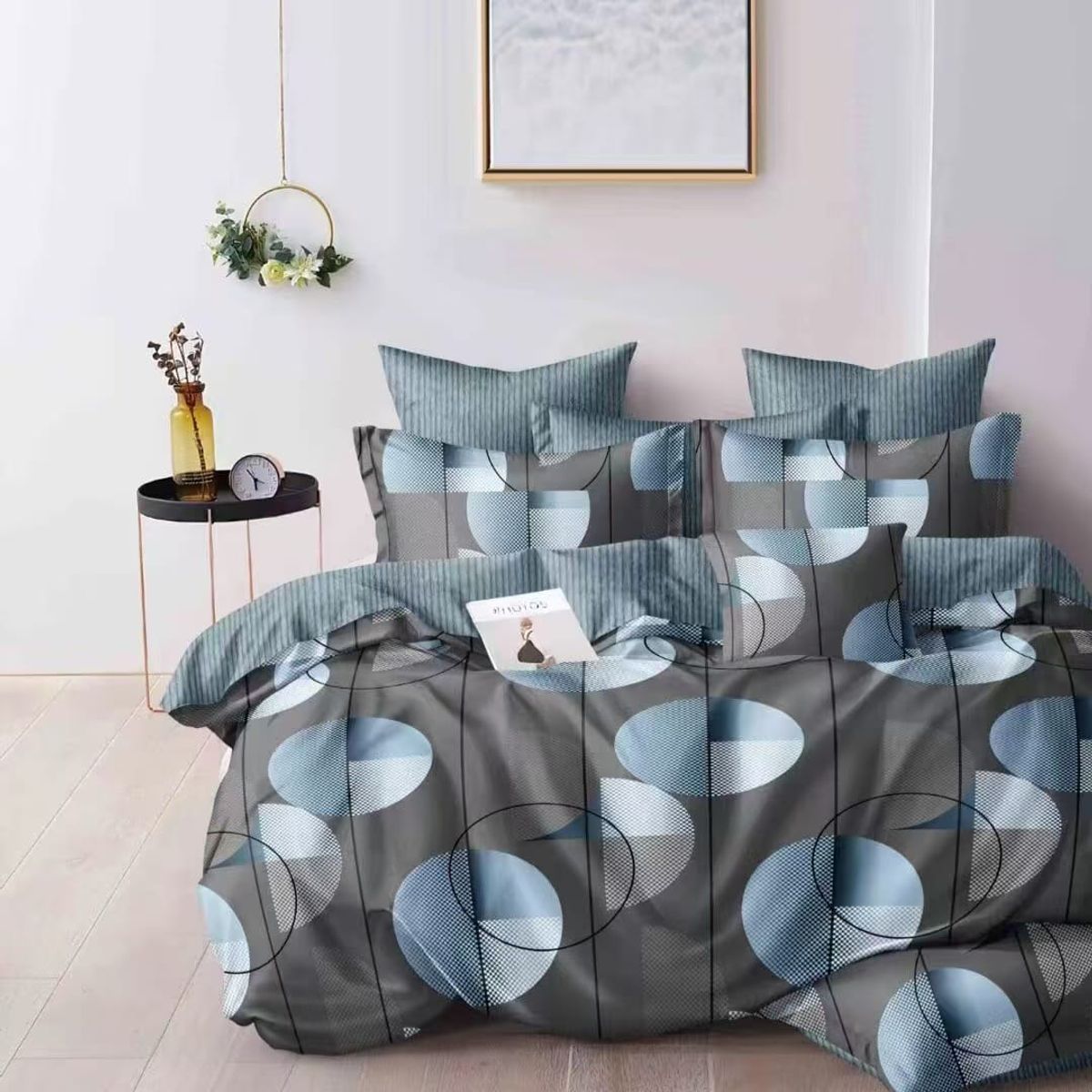 GENERICO - JUEGO DE SABANAS CON DISEÑO GRIS HOJAS AZULES 1.5 PLAZA TF 3 PIEZA