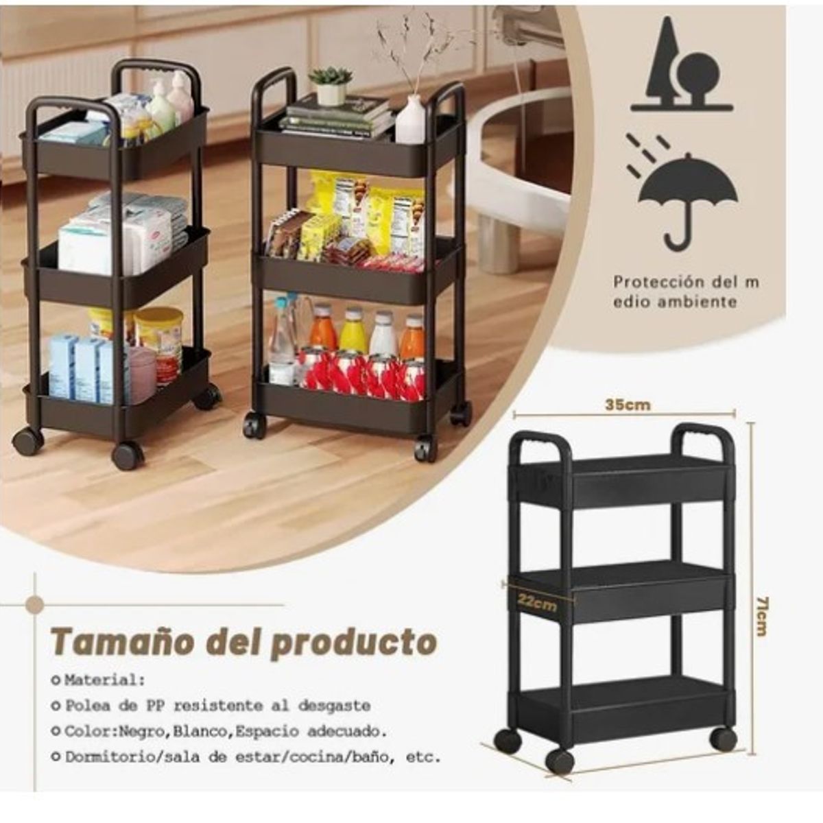OFERTABKN - Carrito Organizador Con Ruedas Asas Multiuso 3 Niveles