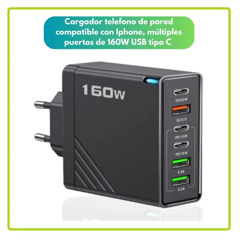 GENERICO - Cargador telefono de pared múltiples puertos de 160W USB tipo C