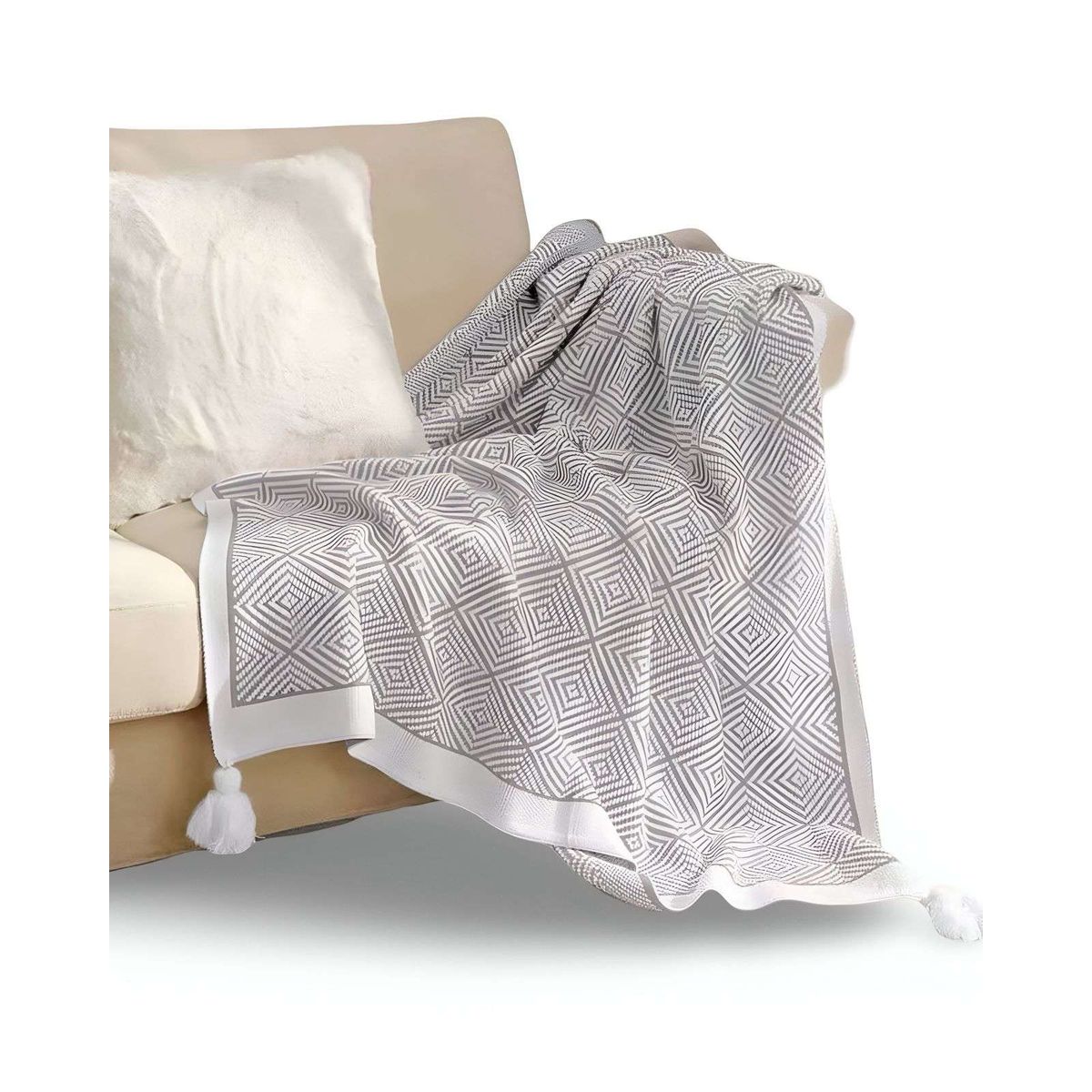 GENERICO - Mantas para sofas camas u oficinas con pompon 130x150 cm Gris