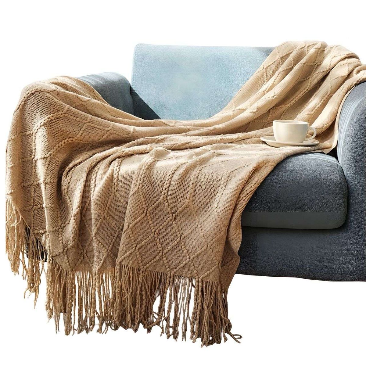 GENERICO - Mantas para sofas camas u oficinas con Flecos 127x152 cm Beige