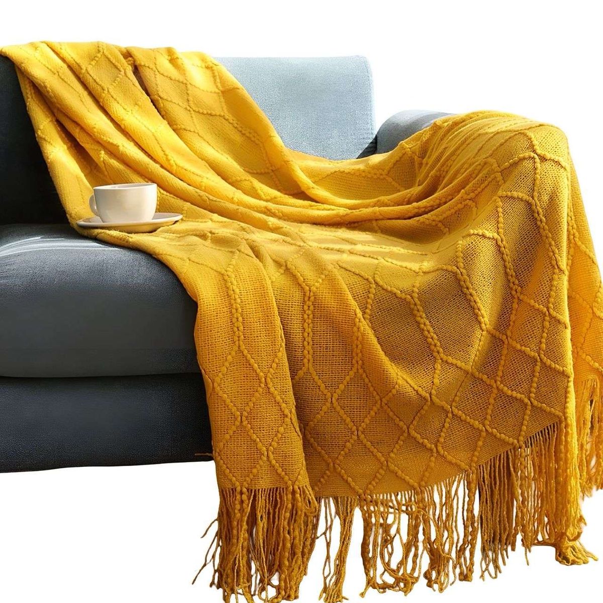 GENERICO - Mantas para sofas camas u oficinas con Flecos 127x152 cm Amarillo