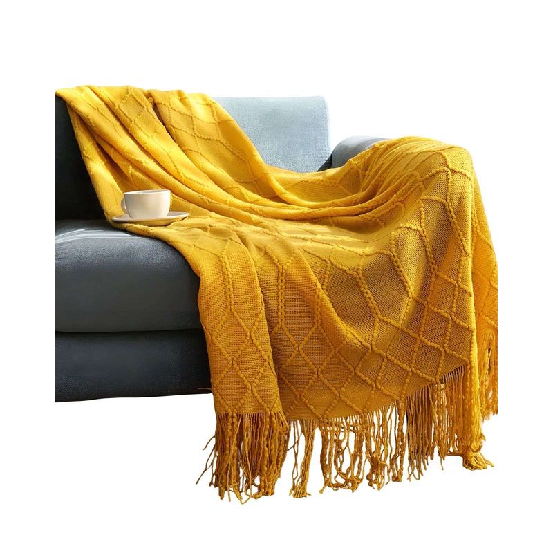 GENERICO - Mantas para sofas camas u oficinas con Flecos 127x152 cm Amarillo