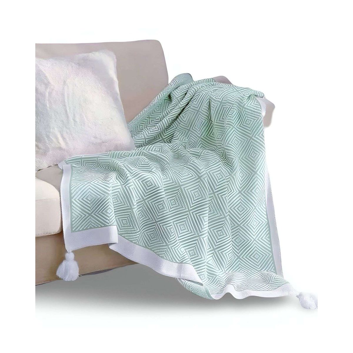 GENERICO - Mantas para sofas camas u oficinas con pompon 130x150 cm Verde