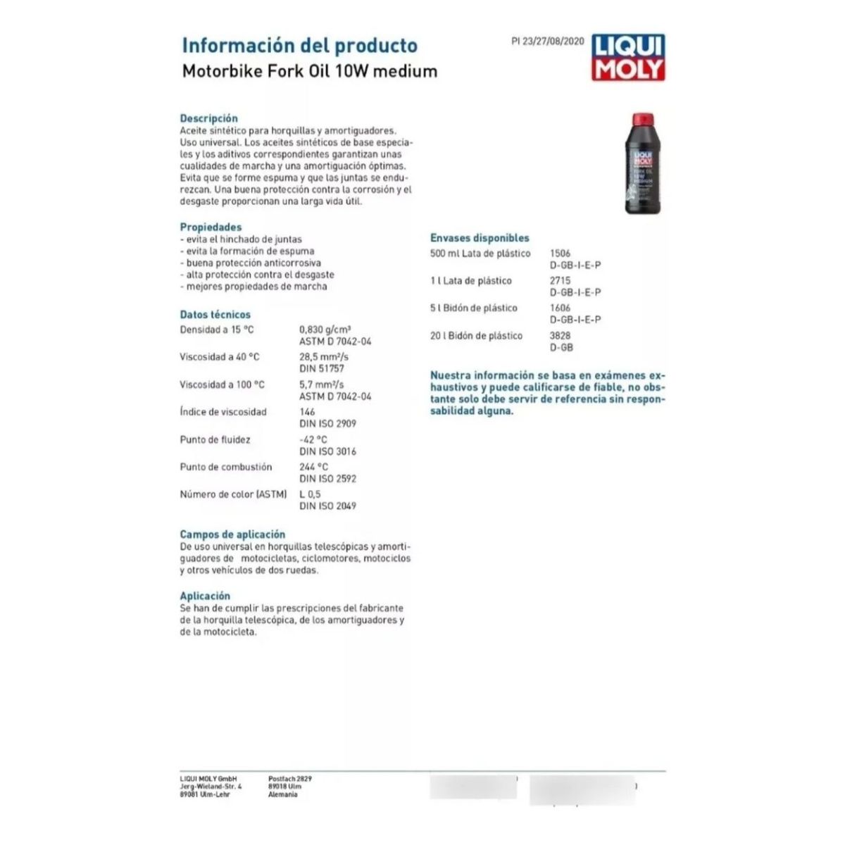 LIQUI MOLY - Aceite para Horquilla Motorbike Fork Oil 10w Medium