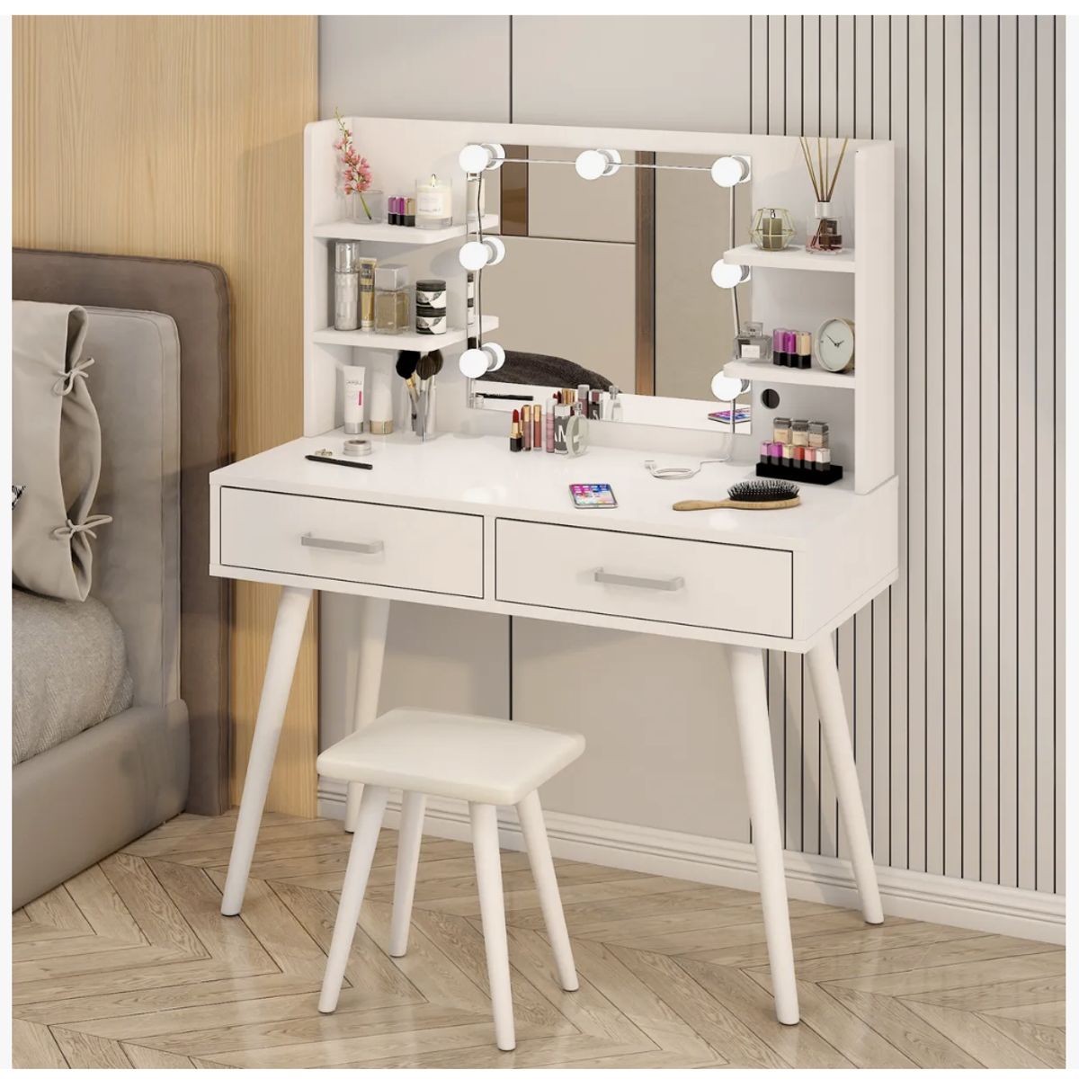 HOMER DESIGN - Tocador Con Luz Hollywood Taburete 2 Cajones 100cm De Ancho